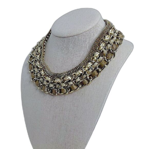 WHBM Gold Chain Multistrand Bib Necklace Leather Braiding Statement Choker - Picture 1 of 7